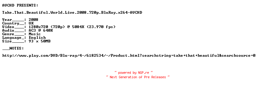 NFO for the release Take.That.Beautiful.World.Live.2008.720p.BluRay.x264-AVCHD by AVCHD