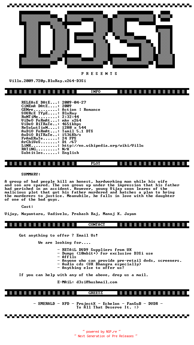 NFO for the release Villu.2009.720p.BluRay.x264-D3Si by D3Si