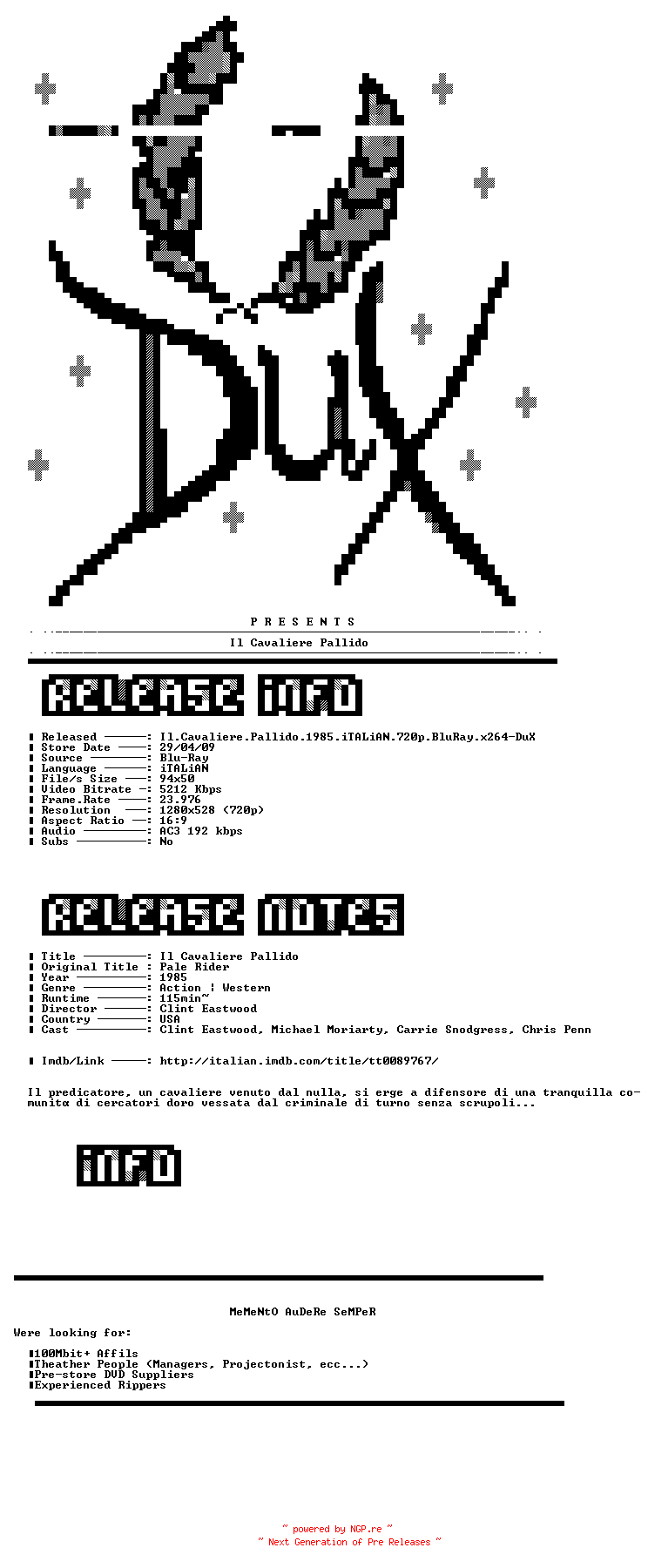 NFO for the release Il.Cavaliere.Pallido.1985.iTALiAN.720p.BluRay.x264-DuX by DuX