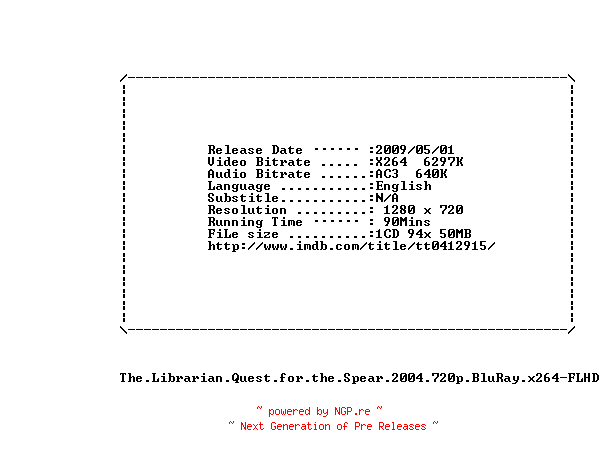 NFO for the release The.Librarian.Quest.For.The.Spear.2004.720p.BluRay.x264-FLHD by FLHD