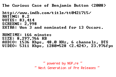 NFO for the release The.Curious.Case.of.Benjamin.Button.720p.Bluray.x264-CBGB by CBGB