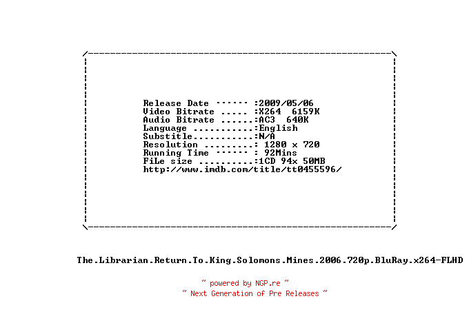 NFO for the release The.Librarian.Return.To.King.Solomons.Mines.2006.720p.BluRay.x264-FLHD by FLHD