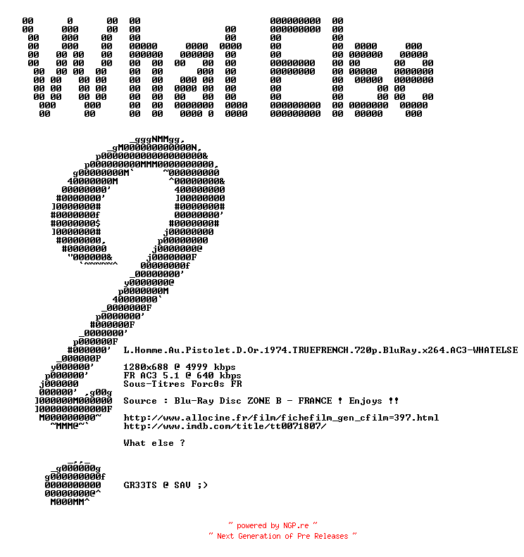 NFO for the release L.Homme.Au.Pistolet.D.Or.1974.TRUEFRENCH.720p.BluRay.x264.AC3-WHATELSE by WHATELSE