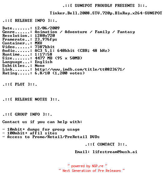 NFO for the release Tinker.Bell.2008.STV.720p.BluRay.x264-SUNSPOT by SUNSPOT
