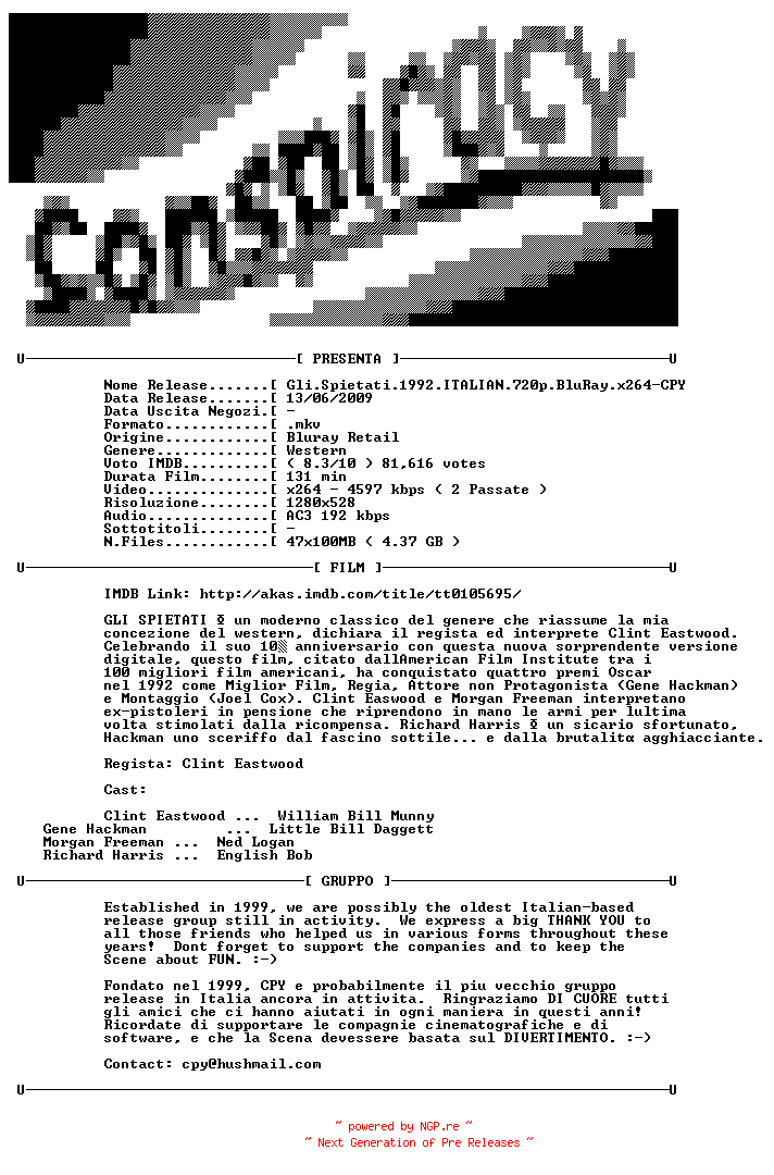 NFO for the release Gli.Spietati.1992.ITALIAN.720p.BluRay.x264-CPY by CPY