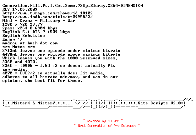 NFO for the release Generation.Kill.Pt.I.Get.Some.720p.Bluray.X264-DIMENSION by DIMENSION