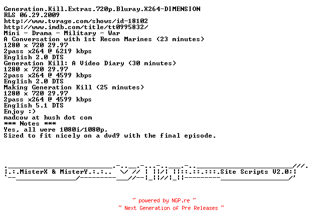 NFO for the release Generation.Kill.Extras.720p.Bluray.X264-DIMENSION by DIMENSION