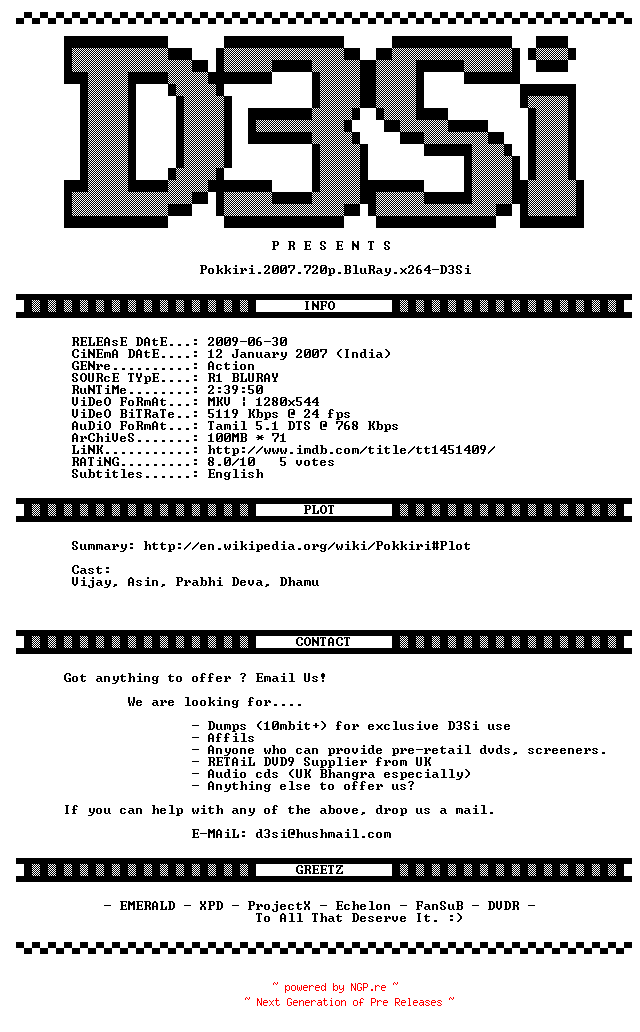 NFO for the release Pokkiri.2007.720p.BluRay.x264-D3Si by D3Si