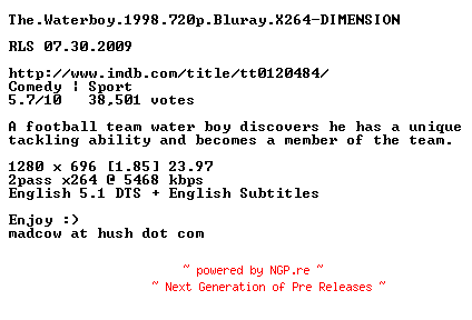 NFO for the release The.Waterboy.1998.720p.Bluray.X264-DIMENSION by DIMENSION