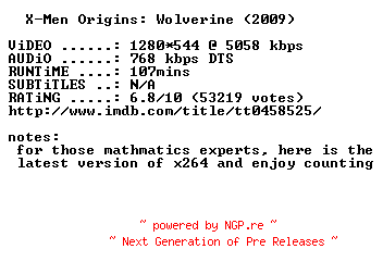 NFO for the release X-Men.Origins.Wolverine.720p.BluRay.x264.REPACK-METiS by METiS