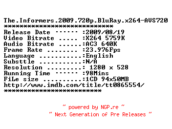 NFO for the release The.Informers.2009.720p.BluRay.x264-AVS720 by AVS720