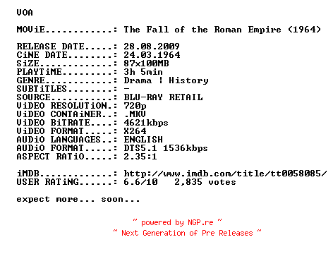 NFO for the release The.Fall.Of.The.Roman.Empire.1964.720p.BluRay.x264-VOA by VOA