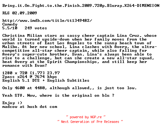 NFO for the release Bring.it.On.Fight.to.the.Finish.2009.720p.Bluray.X264-DIMENSION by DIMENSION