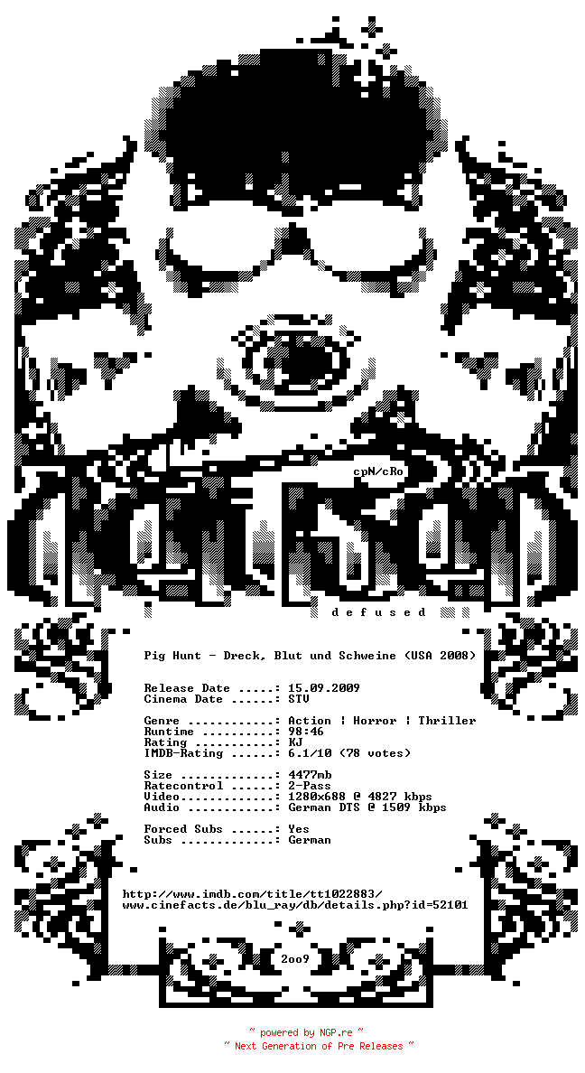 NFO for the release Pig.Hunt.Dreck.Blut.und.Schweine.German.720p.BluRay.x264-DEFUSED by DEFUSED