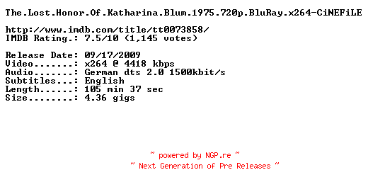 NFO for the release The.Lost.Honor.Of.Katharina.Blum.1975.720p.BluRay.x264-CiNEFiLE by CiNEFiLE