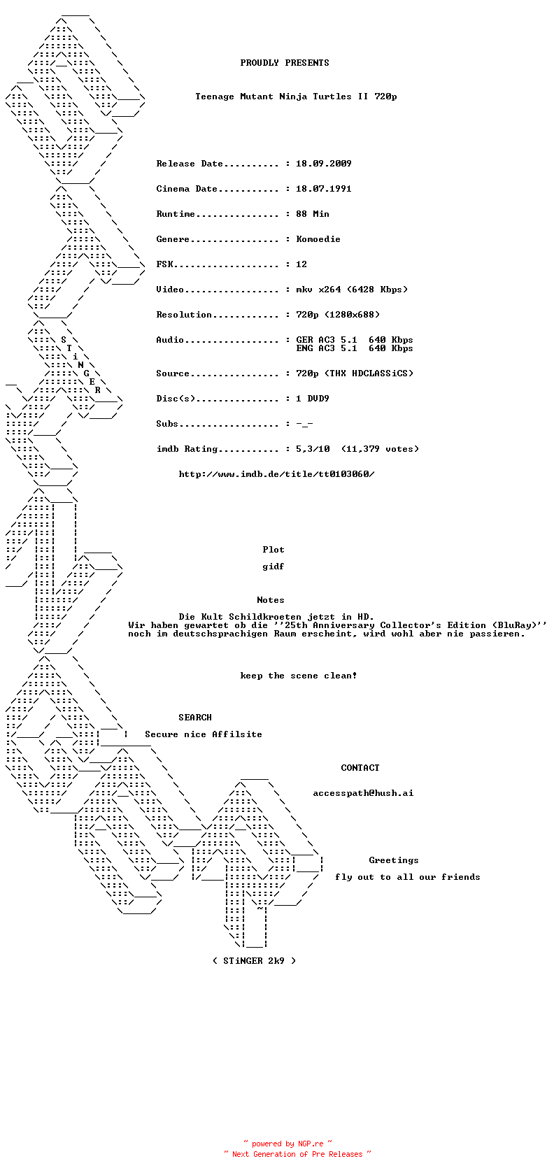 NFO for the release Teenage.Mutant.Ninja.Turtles.II.1991.German.AC3D.DL.720p.BluRay.x264-STiNGER by STiNGER