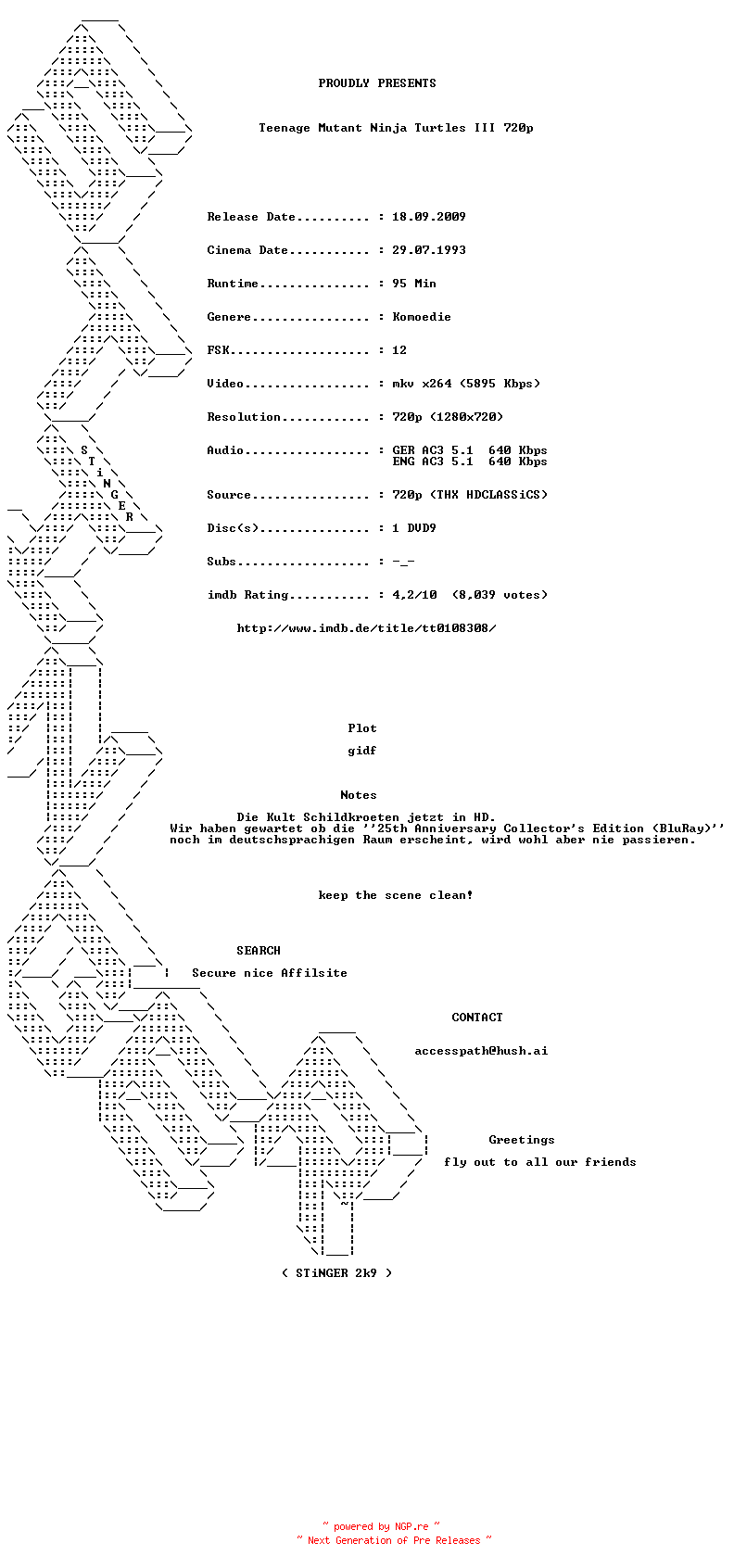 NFO for the release Teenage.Mutant.Ninja.Turtles.III.1993.German.AC3D.DL.720p.BluRay.x264-STiNGER by STiNGER