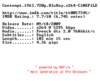 NFO for the release Contempt.1963.720p.BluRay.x264-CiNEFiLE by CiNEFiLE