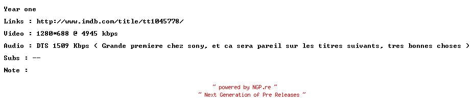 NFO for the release Year.One.720p.FRENCH.BluRay.x264-ForceBleue by ForceBleue