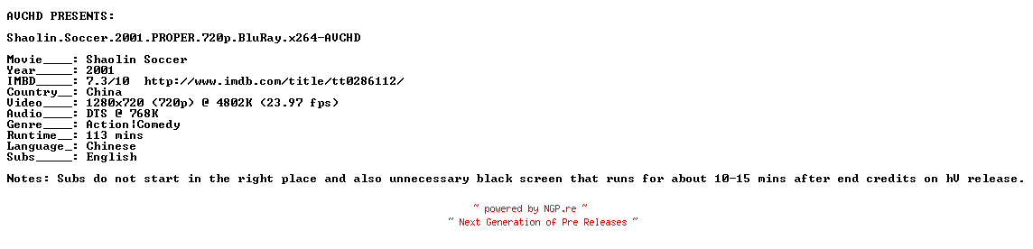 NFO for the release Shaolin.Soccer.2001.PROPER.720p.BluRay.x264-AVCHD by AVCHD