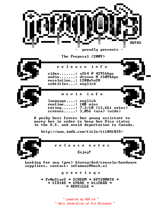 NFO for the release The.Proposal.720p.BluRay.x264-iNFAMOUS by iNFAMOUS