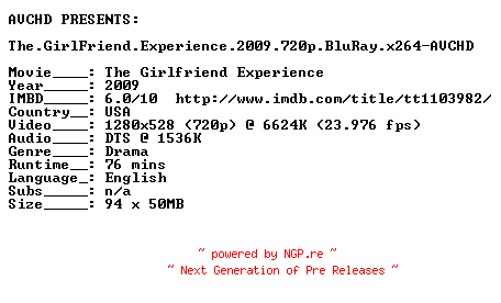 NFO for the release The.GirlFriend.Experience.2009.720p.BluRay.x264-AVCHD by AVCHD