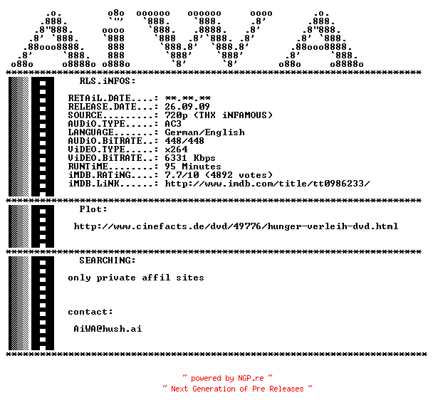 NFO for the release Hunger.2008.German.AC3D.DL.720p.BluRay.x264-AiWA by AiWA