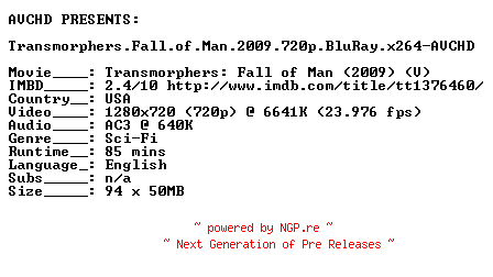 NFO for the release Transmorphers.Fall.of.Man.2009.720p.BluRay.x264-AVCHD by AVCHD