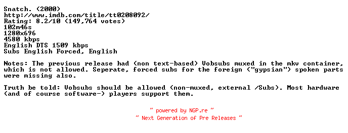 NFO for the release Snatch.2000.PROPER.720p.BluRay.x264-BestHD by BestHD