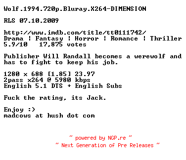 NFO for the release Wolf.1994.720p.Bluray.X264-DIMENSION by DIMENSION