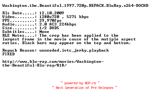 NFO for the release Washington.the.Beautiful.1997.720p.REPACK.BluRay.x264-DOCHD by DOCHD