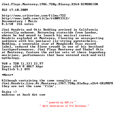 NFO for the release Jimi.Plays.Monterey.1986.720p.Bluray.X264-DIMENSION by DIMENSION