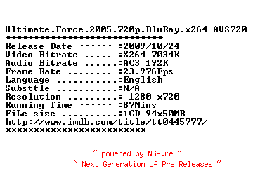 NFO for the release Ultimate.Force.2005.720p.BluRay.x264-AVS720 by AVS720