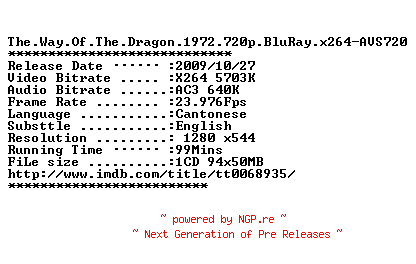 NFO for the release The.Way.Of.The.Dragon.1972.720p.BluRay.x264-AVS720 by AVS720