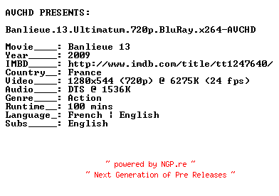 NFO for the release Banlieue.13.Ultimatum.720p.BluRay.x264-AVCHD by AVCHD