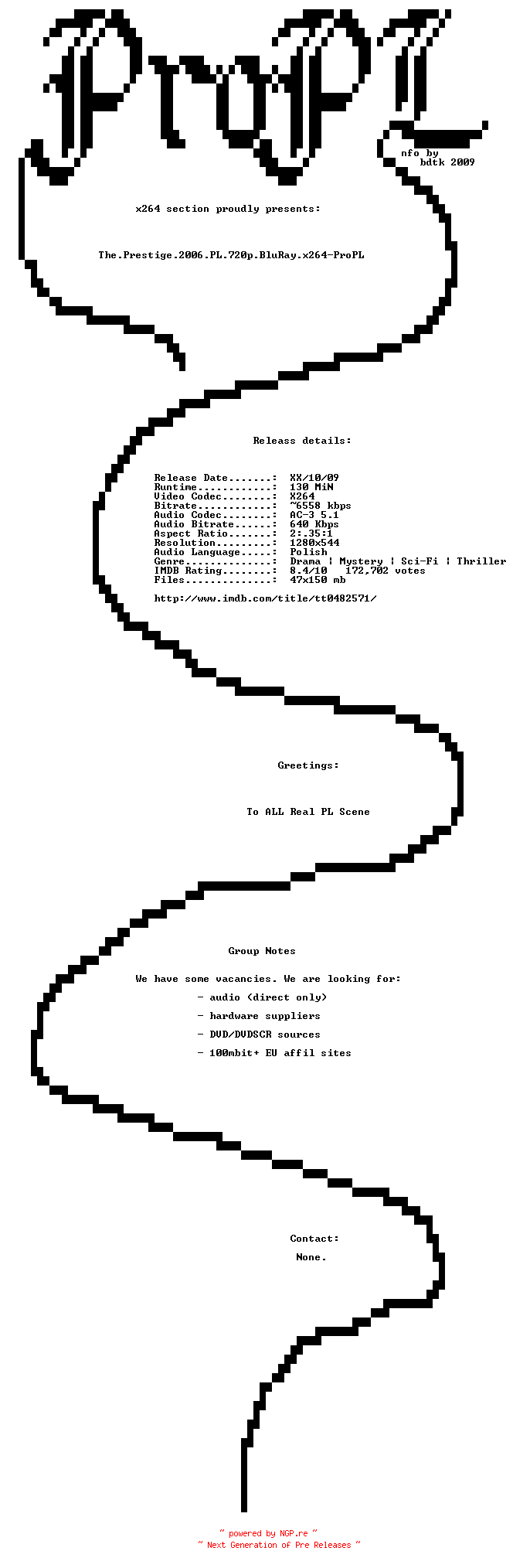 NFO for the release The.Prestige.2006.PL.720p.BluRay.x264-ProPL by ProPL