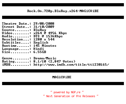 NFO for the release Rock.On.720p.BluRay.x264-MAGiCViBE by MAGiCViBE