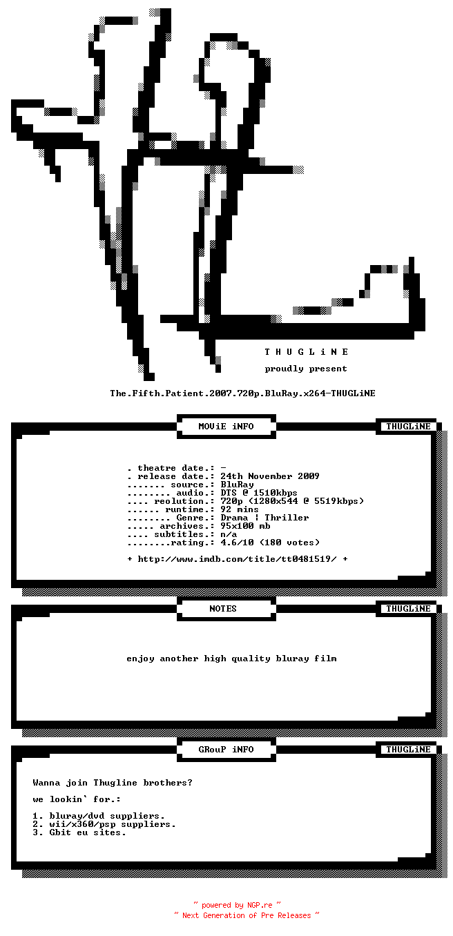 NFO for the release The.Fifth.Patient.2007.720p.BluRay.x264-THUGLiNE by THUGLiNE