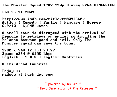 NFO for the release The.Monster.Squad.1987.720p.Bluray.X264-DIMENSION by DIMENSION