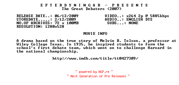 NFO for the release The.Great.Debaters.2007.720p.BluRay.x264-EFTERDYNINGAR by EFTERDYNINGAR