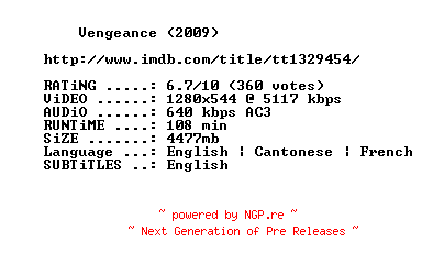 NFO for the release Vengeance.2009.720p.BluRay.x264-MELiTE by MELiTE