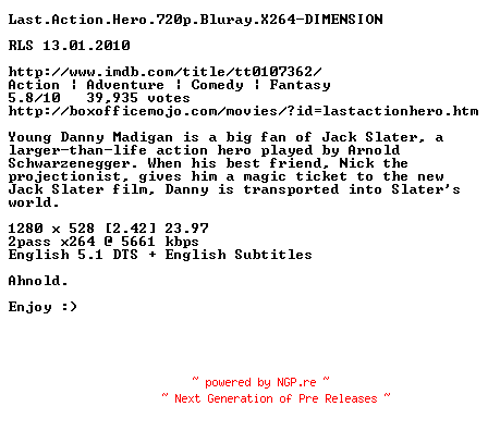 NFO for the release Last.Action.Hero.1993.720p.Bluray.X264-DIMENSION by DIMENSION