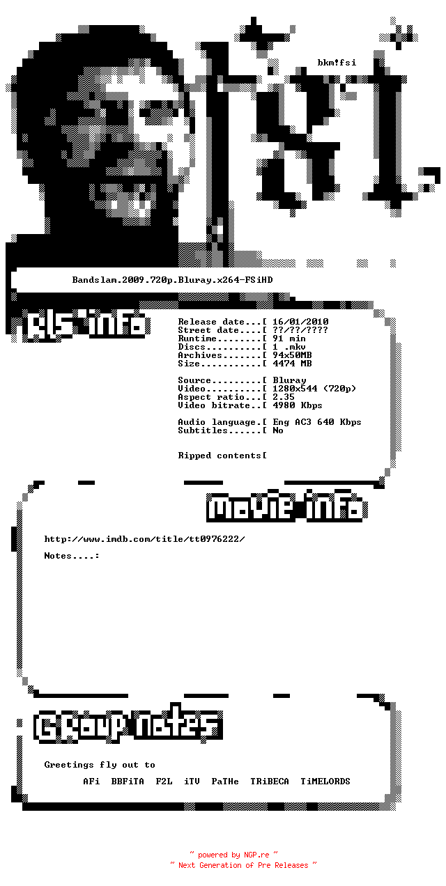 NFO for the release Bandslam.2009.720p.Bluray.x264-FSiHD by FSiHD