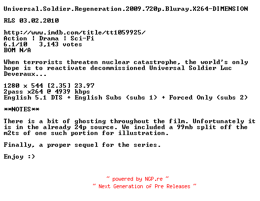 NFO for the release Universal.Soldier.Regeneration.2009.720p.Bluray.X264-DIMENSION by DIMENSION