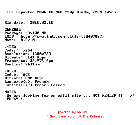 NFO for the release The.Departed.2006.FRENCH.720p.BluRay.x264-405nm by 405nm