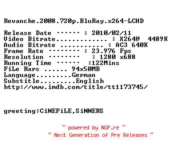 NFO for the release Revanche.2008.720p.BluRay.x264-LCHD by LCHD