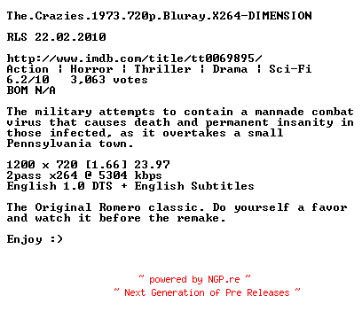 NFO for the release The.Crazies.1973.720p.Bluray.X264-DIMENSION by DIMENSION