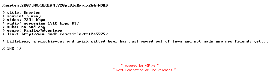 NFO for the release Knerten.2009.NORWEGIAN.720p.BluRay.x264-NOHD by NOHD
