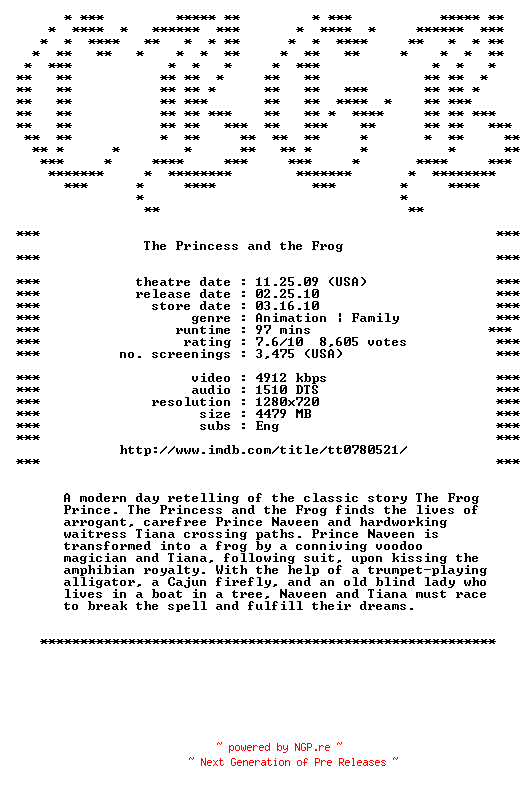 NFO for the release The.Princess.and.the.Frog.720p.Bluray.x264-CBGB by CBGB
