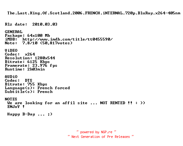 NFO for the release The.Last.King.Of.Scotland.2006.FRENCH.iNTERNAL.720p.BluRay.x264-405nm by 405nm